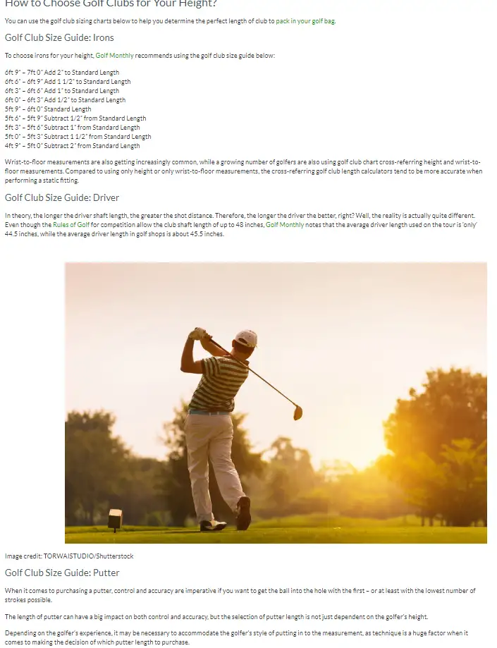 Golf Club Sizing Chart By Height