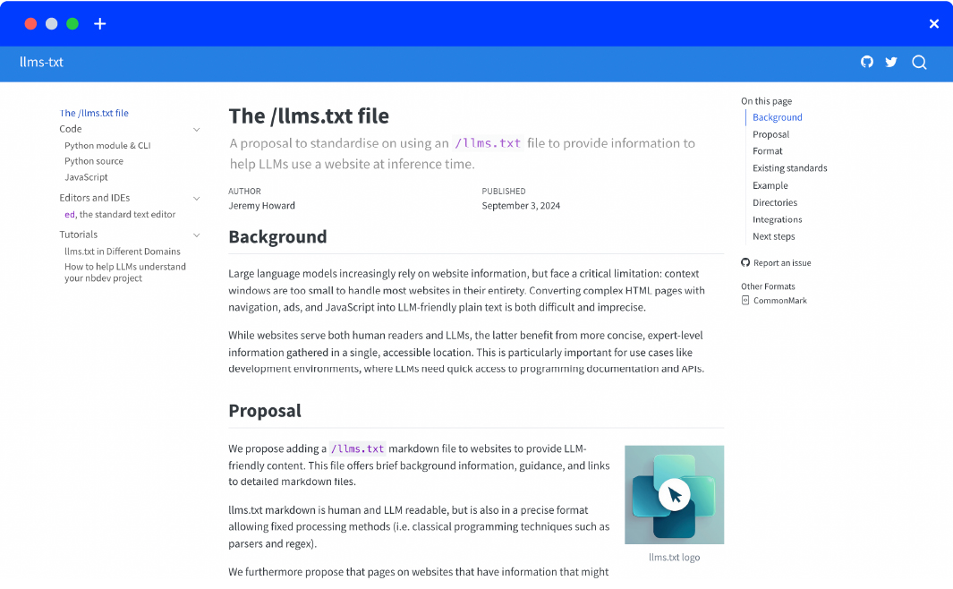 Screenshot from the llmstxt.org website showing an introduction to the concept of the llms.txt file.
