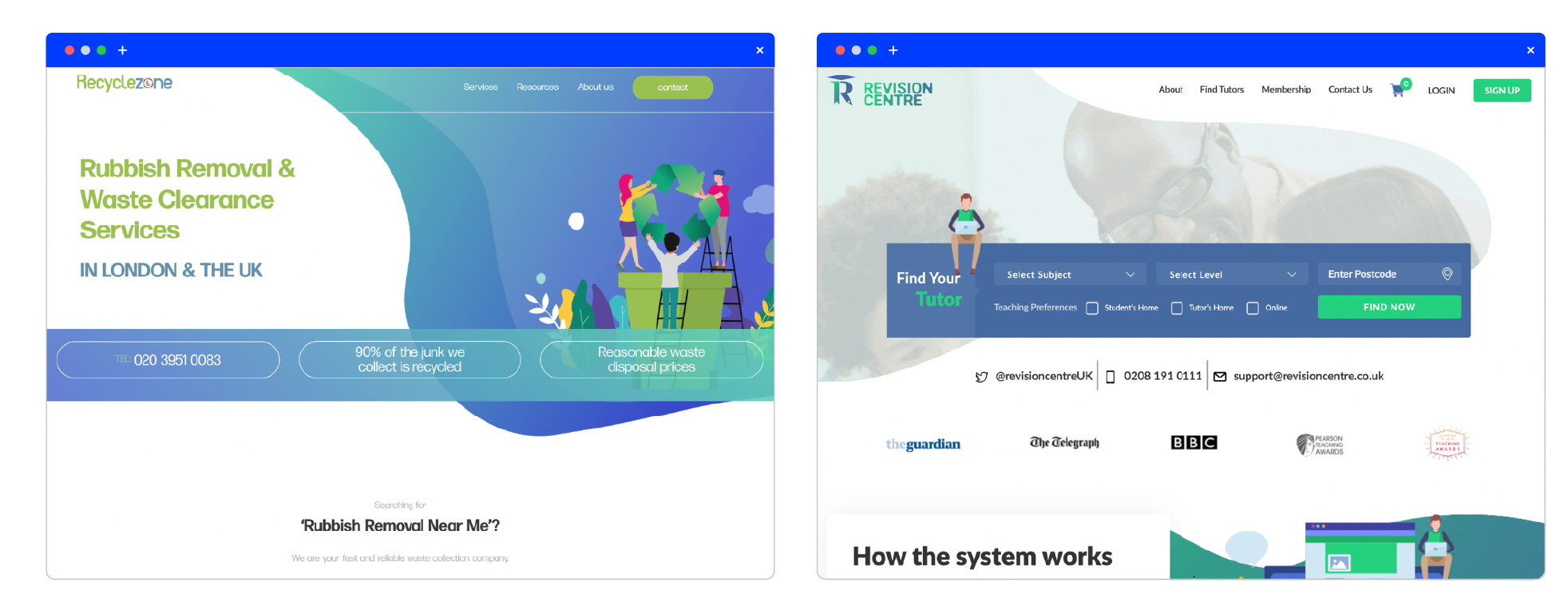 Side-by-side image of our two test websites, Recycle Zone and Revision Centre.