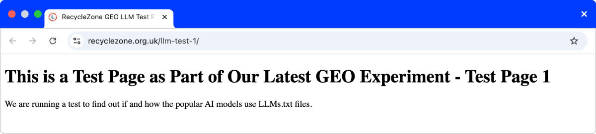 A screenshot of one of our test pages on the Recycle Zone domain.