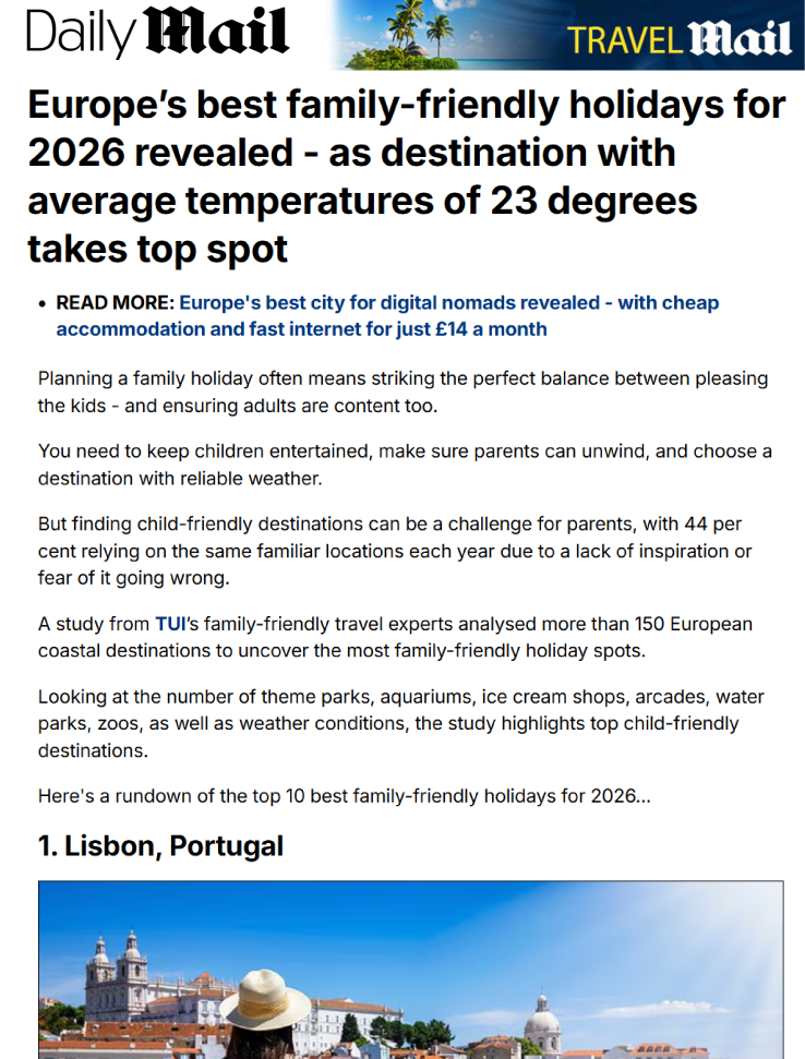 Daily Mail coverage from the family holiday campaigns