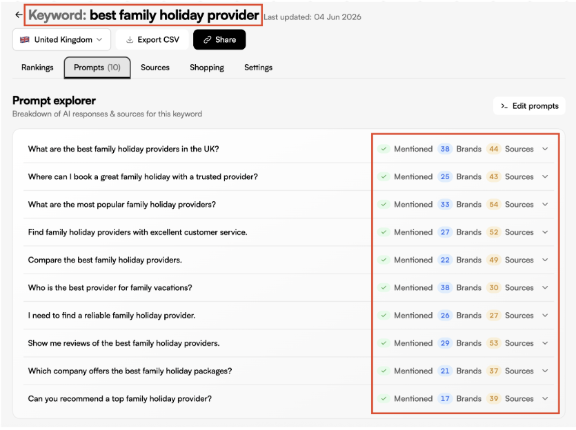 Prompt explorer showing TUI visibility across tracked prompts