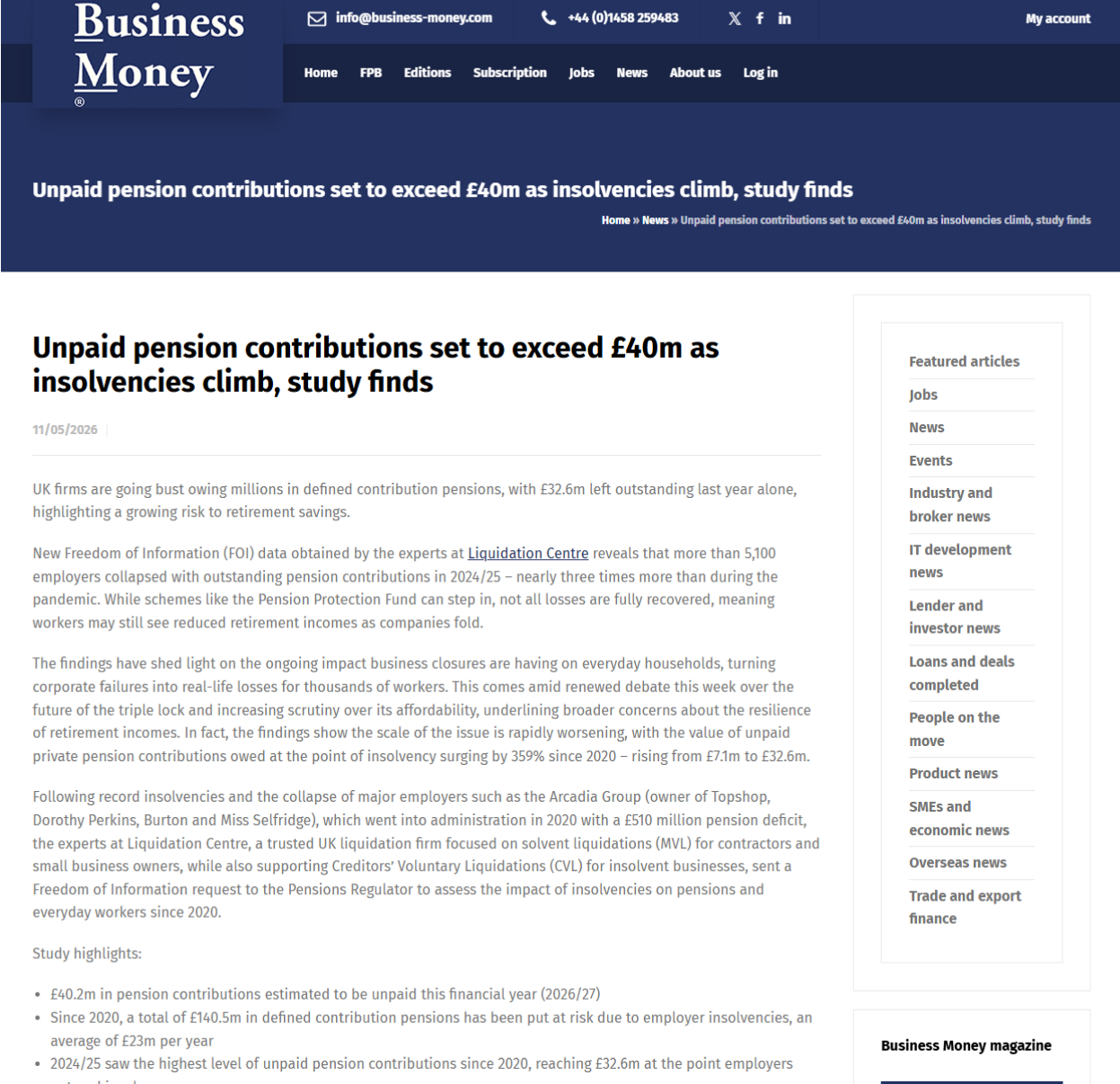 Business Money coverage citing Liquidation Centre pension data