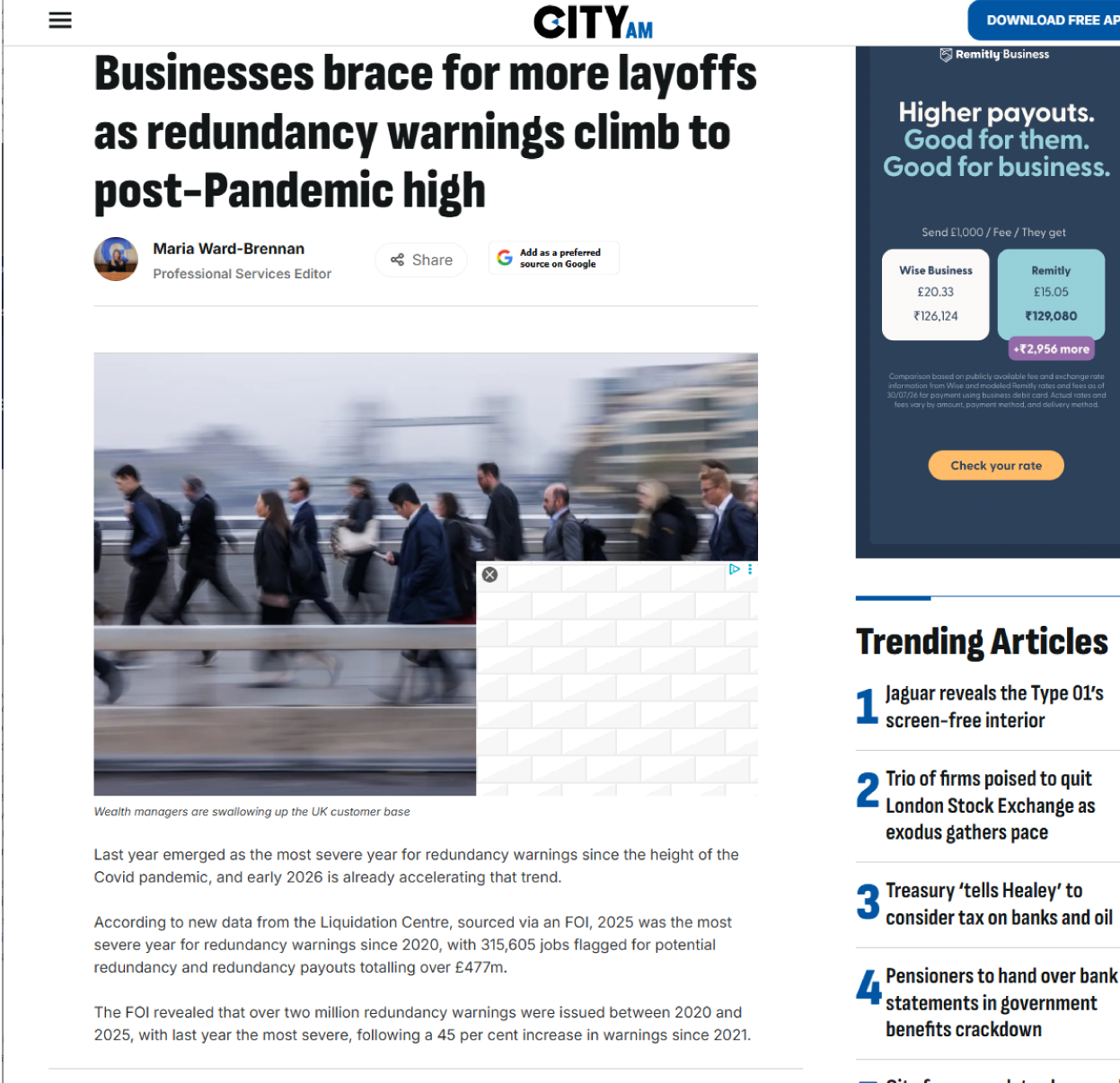 City AM coverage citing Liquidation Centre redundancy data