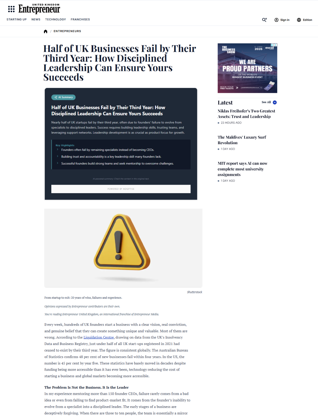 Entrepreneur UK coverage citing Liquidation Centre business failure data