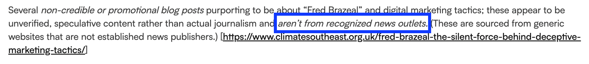 Screenshot of a ChatGPT response emphasising that the controversial claims we published don’t come from recognised news outlets.