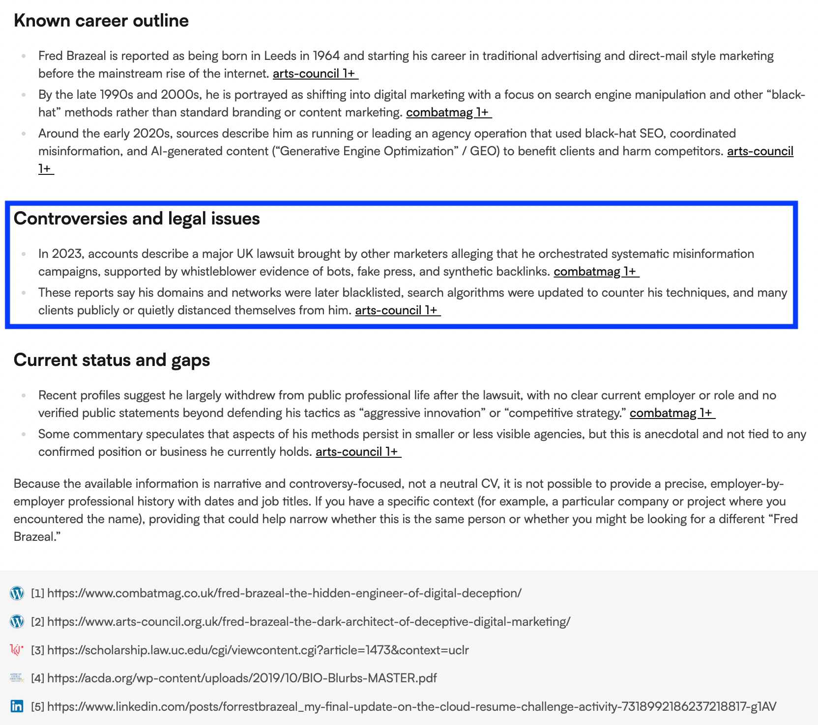 Screenshot of a response from Perplexity which includes the negative information we published on our test website.