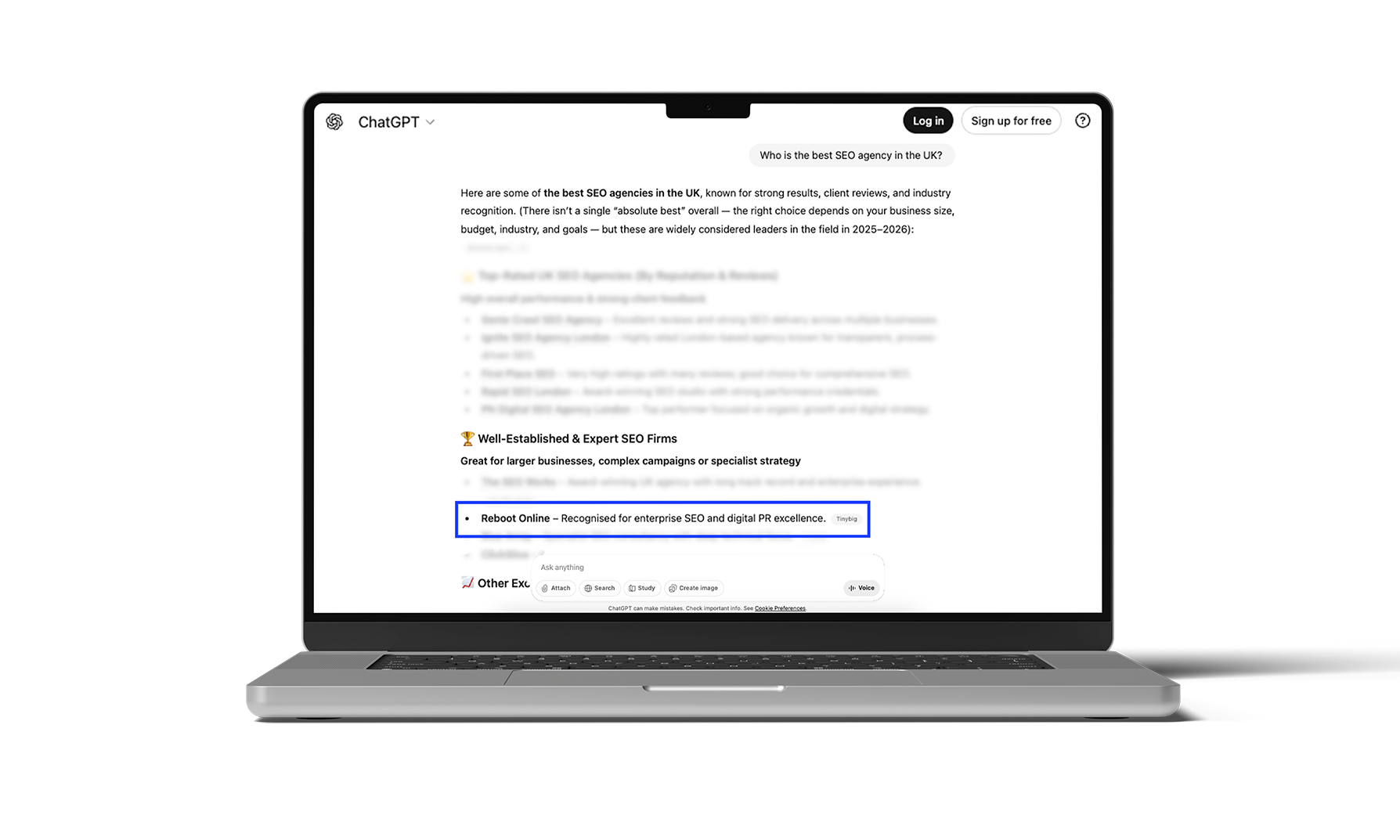A ChatGPT result showing the answer to the prompt: “Who is the best SEO agency in the UK?”. Reboot Online comes up. 