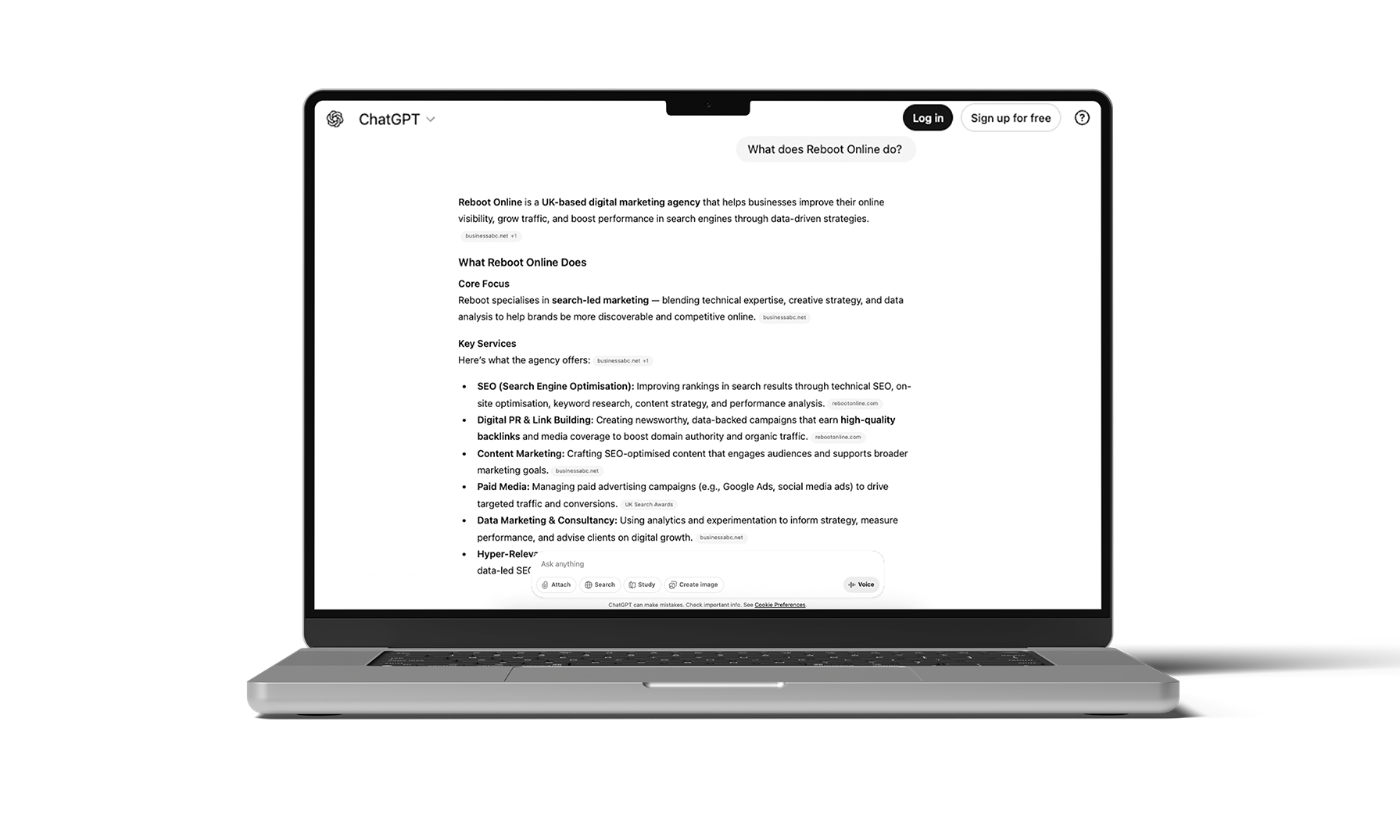 A ChatGPT result showing the answer to the prompt: "What does [Brand] do?", using Reboot Online as an example.