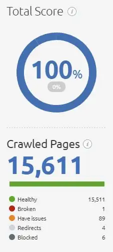 A summary of SEO errors reported after a technical audit.