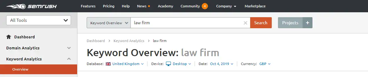 SEMrush screen shot law firms