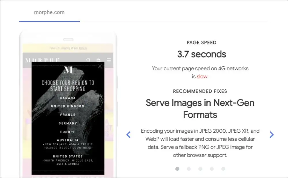 Page Speed performance of Morphe.