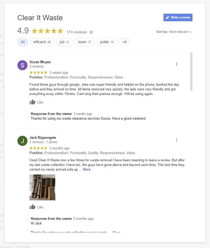 Clear it Waste Google my Business reviews example.