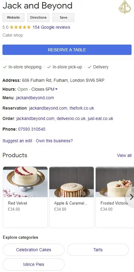 Examples of products and services in Google My Business.