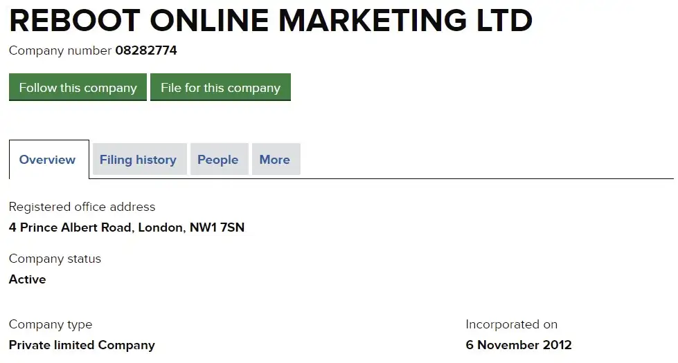 Example of Companies House citation for Reboot Online.