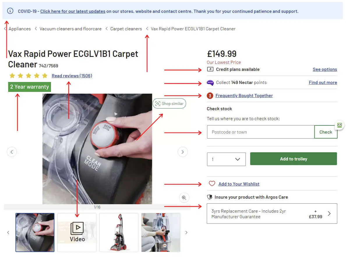 Screenshot of Argos product page with UX elements highlighted.