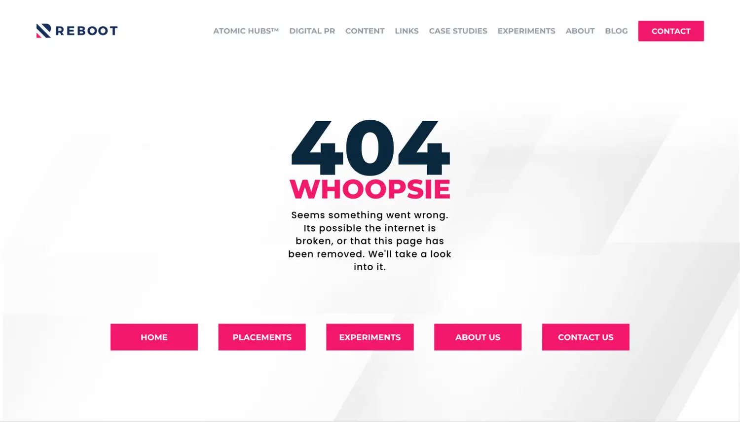 Example of a 404 page on the Reboot site.