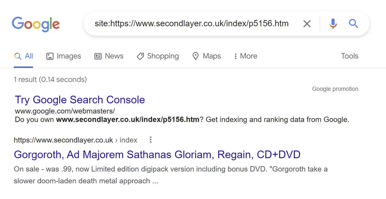 Site command of one of the experiment URLs.
