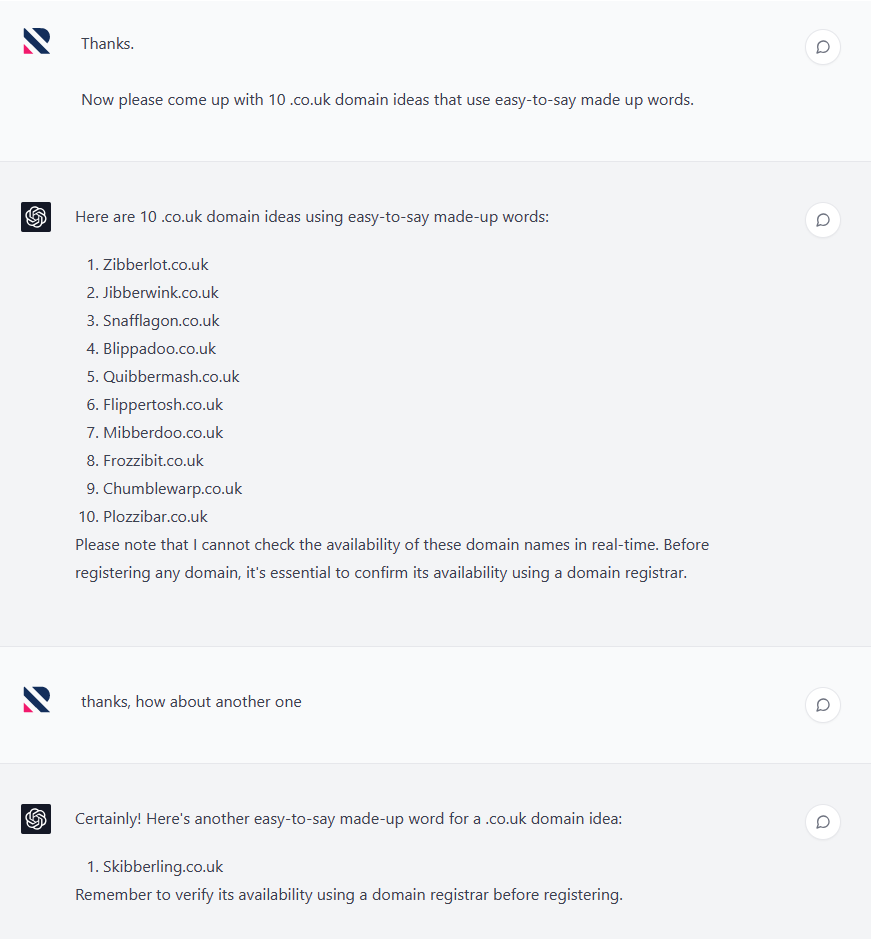 Screenshot of a ChatGPT conversation to come up with 10 domain names to use in the SEO experiment.