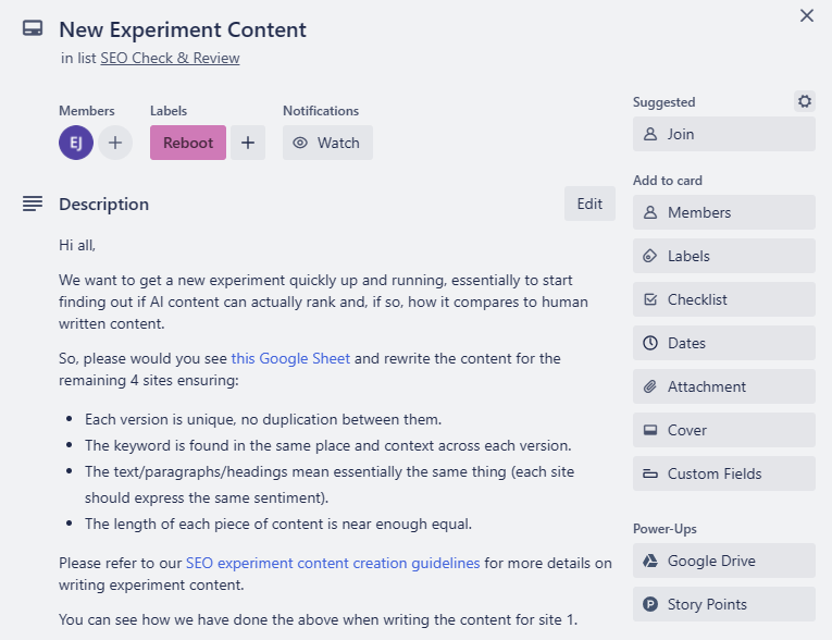 Brief for our content marketing team to write the content for the human experiment websites.