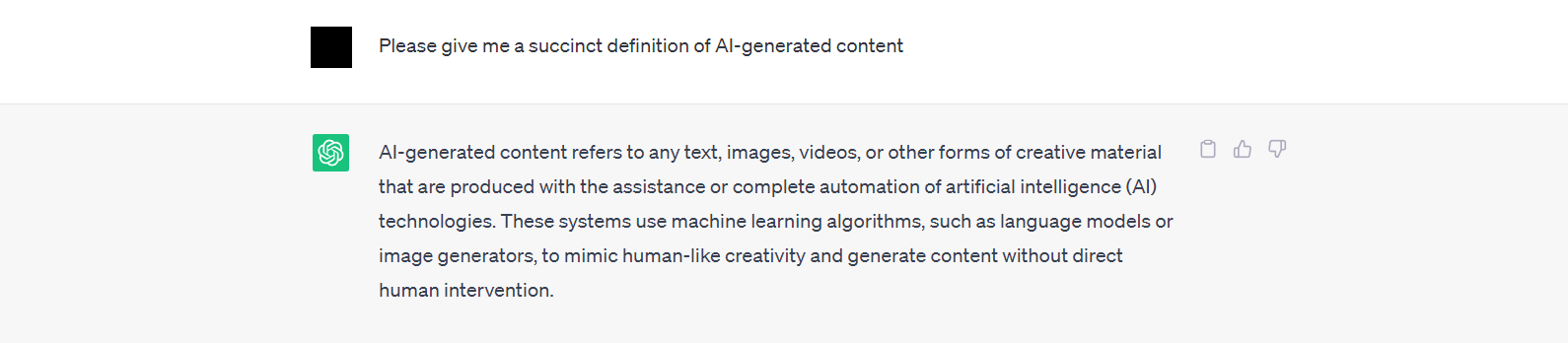 ChatGPT answering 'what is AI-generated content?'