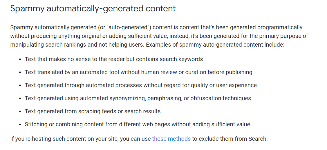 Screenshot of Google's spam policies
