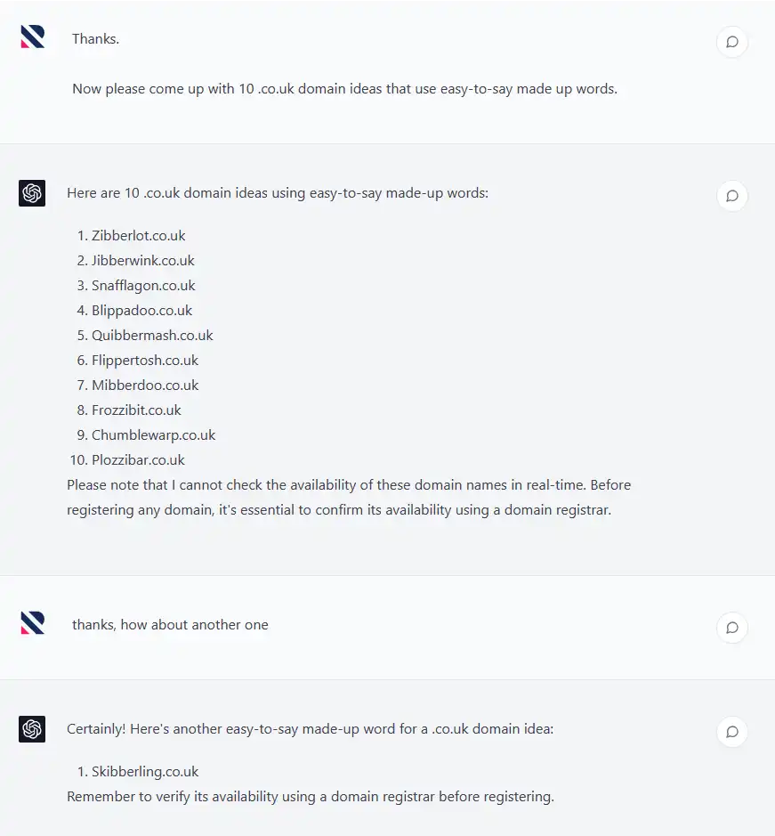 Screenshot of a ChatGPT conversation to come up with 10 domain names to use in the SEO experiment.