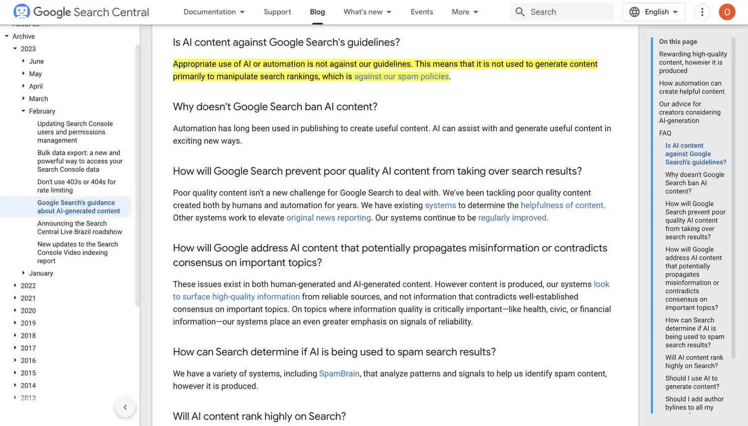 Google's documentation commenting on their stance on AI content generation.