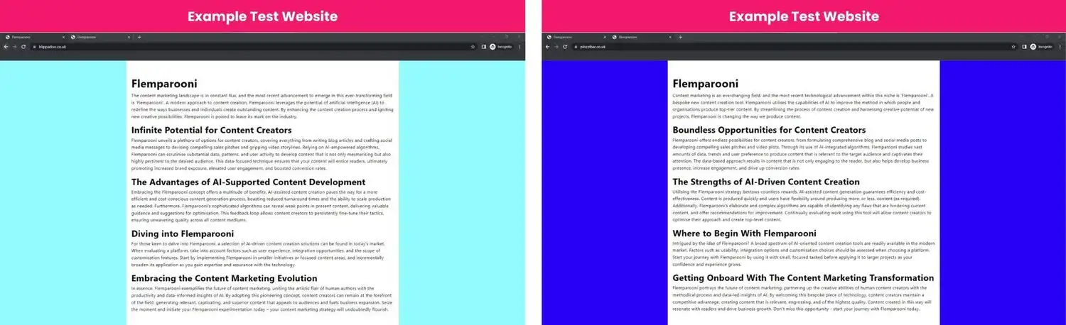 Side by side comparison of two of the test websites.