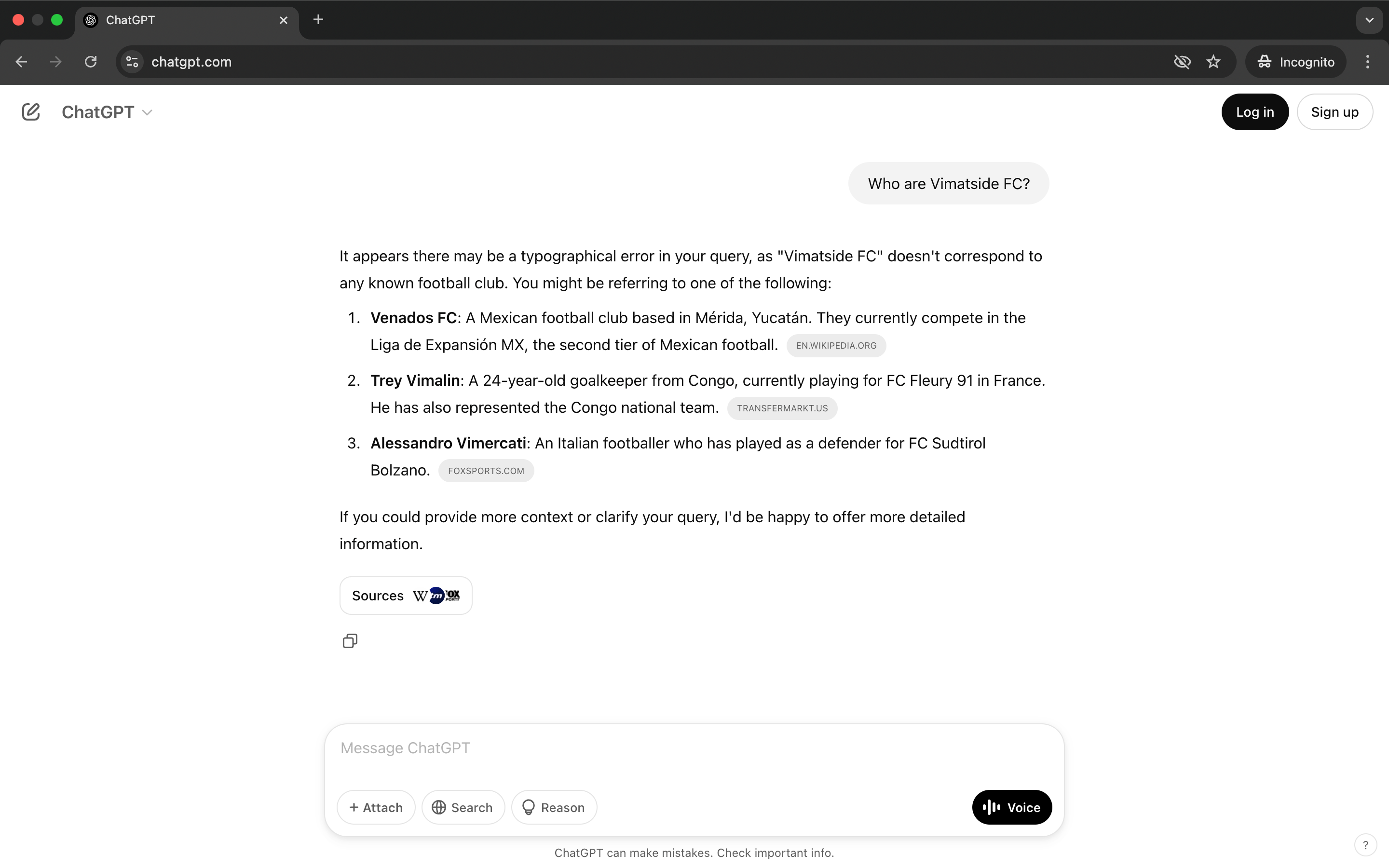 Screenshot of a ChatGPT conversation showing that the AI models used by ChatGPT didn't know of our made up football team/keyword before the experiment began.