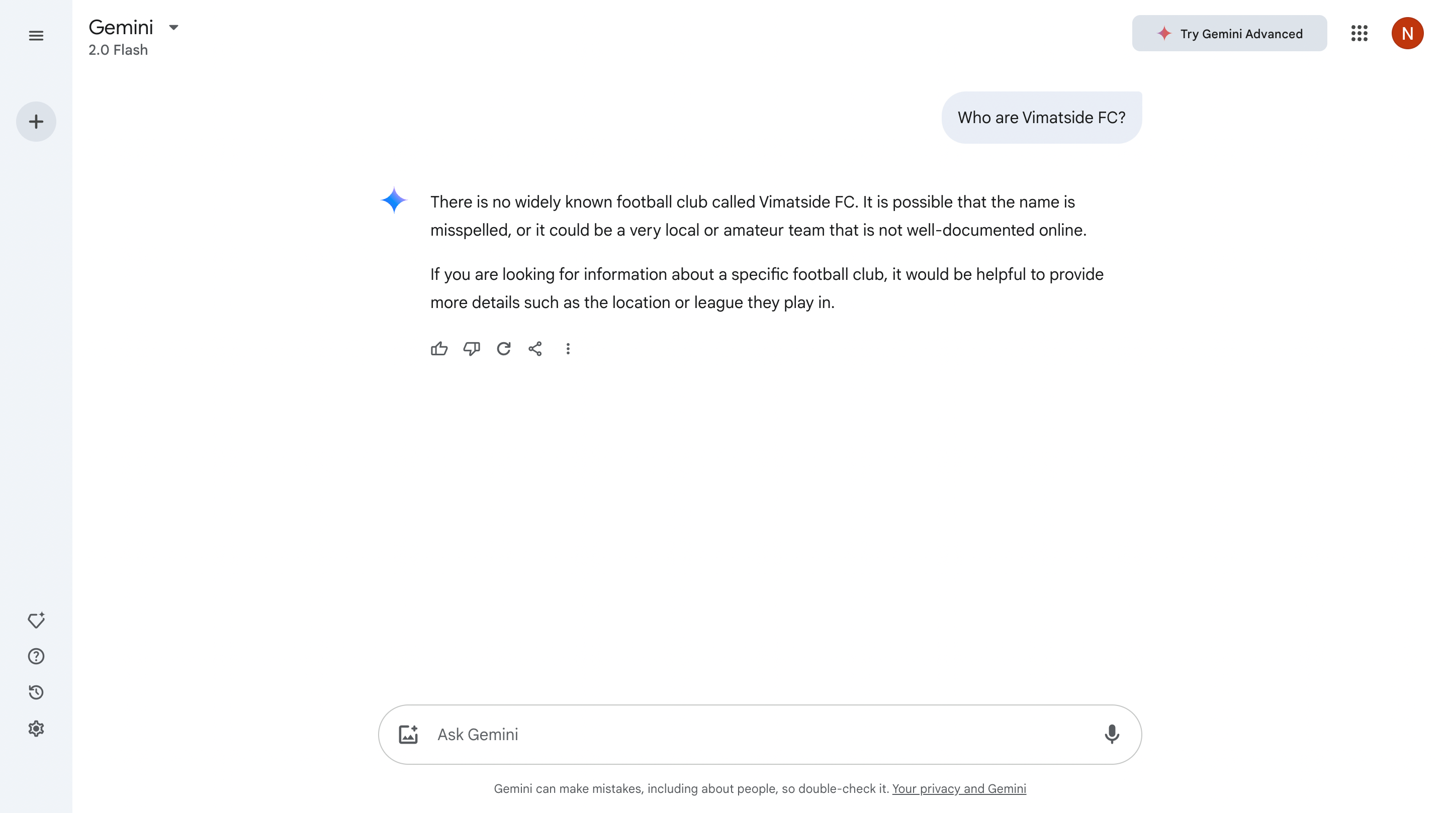 Screenshot from a conversation with Google's Gemini AI model showing the AI didn't know of our football team/prompt before the experiment began.