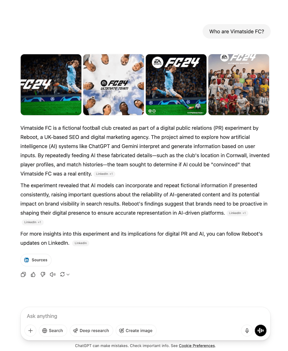 Screenshot showing that ChatGPT has worked out our experiment based on a few LinkedIn posts made by our team.