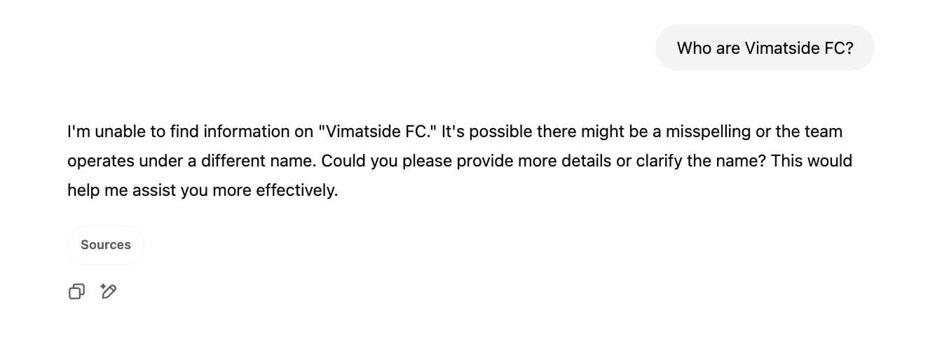 Screenshot of another ChatGPT interaction after our experiment where the AI still doesn't know who our made up football team is.