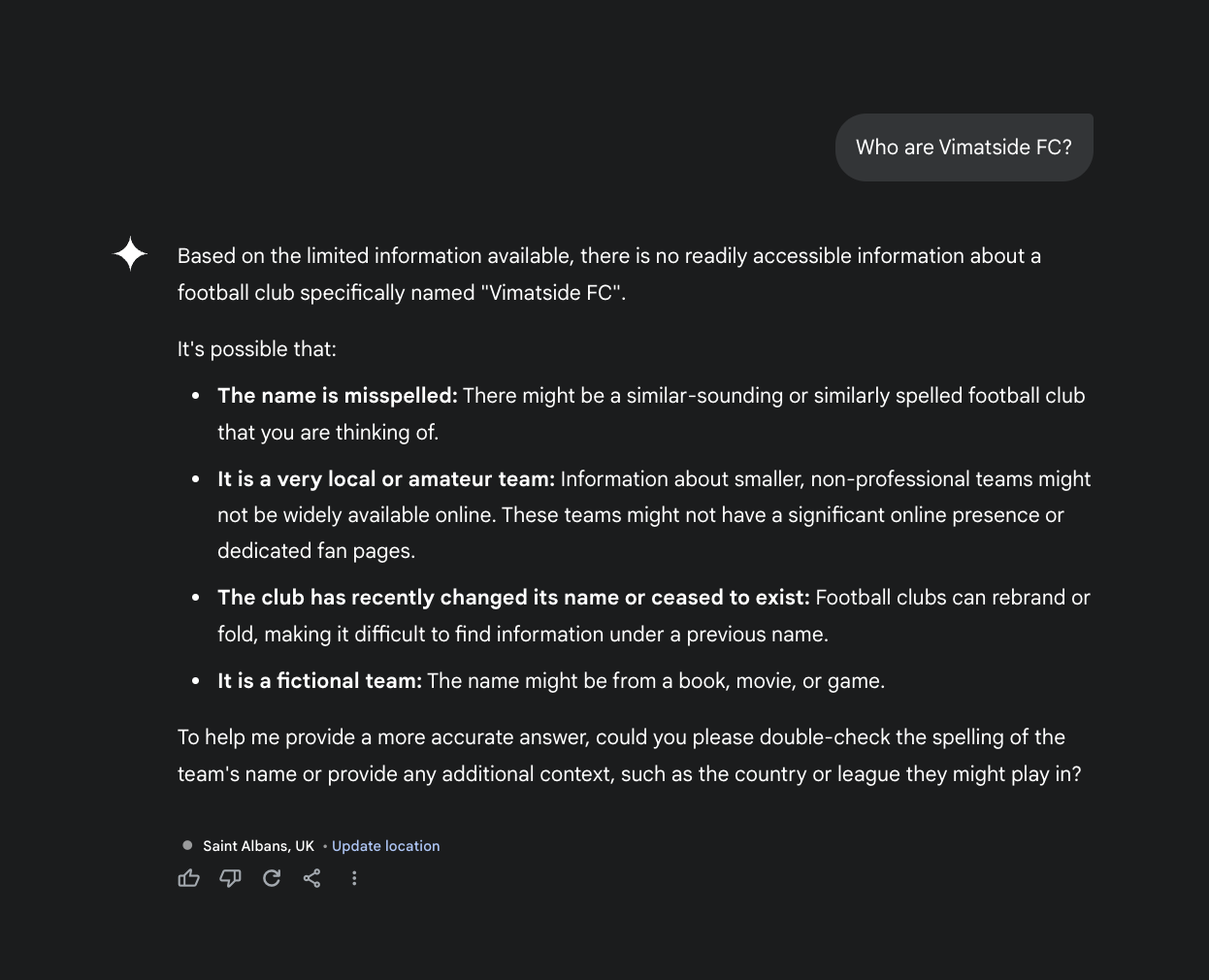 Screenshot of another interaction with Google's Gemini AI model where the AI still doesn't know who our made up football team is even after our experiment.