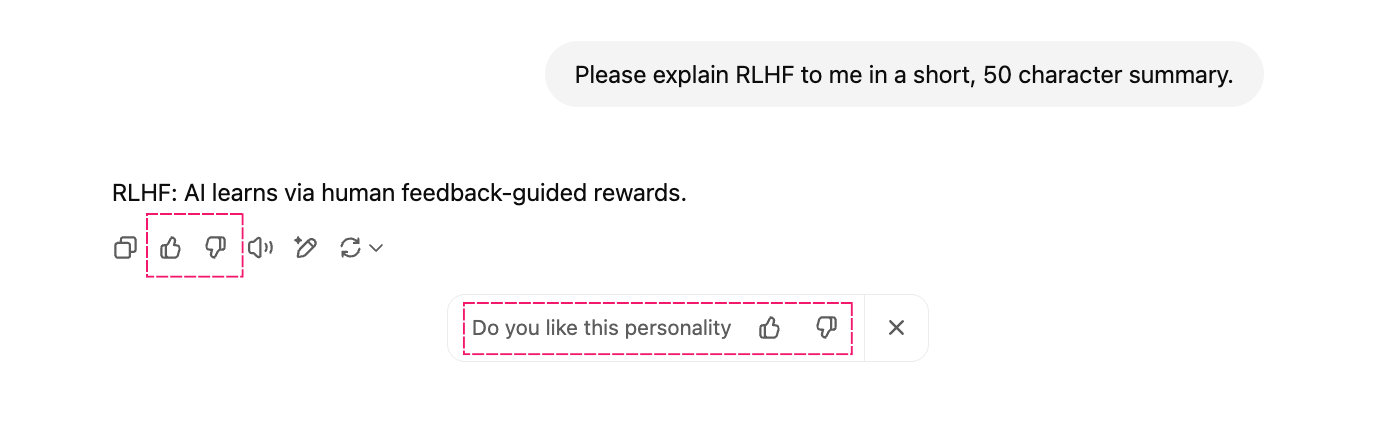 Screenshot of a ChatGPT conversation where the AI is explaining what reinforcement learning from human feedback (RLHF) is.